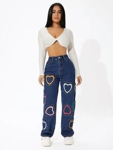 SHEIN PETITE 愛心圖案高腰直筒牛仔褲 - 中等水洗藍 - 查看 6