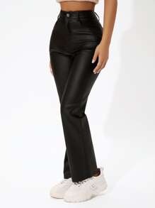 SHEIN PETITE Quần ống đứng trơn thường ngày cho nữ, Quần ống đứng dài bằng vải viscose đen cạp cao, có nút thường ngày, có túi, có khóa kéo, quần dài thường ngày cho nữ, mùa xuân/thu, trang phục thường ngày thường ngày - màu đen - Xem 5