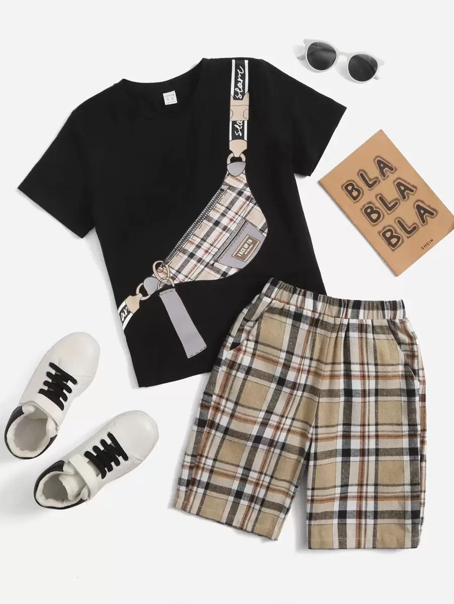 SHEIN Boys Bag Print Top And Plaid Shorts Set - Multicolor - View 1
