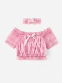 Áo thun nữ Nơ Bướm Tương phản Mesh Cà vạt nhuộm Dễ thương - Màu Hồng baby - Xem 1