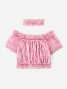 Áo thun nữ Nơ Bướm Tương phản Mesh Cà vạt nhuộm Dễ thương - Màu Hồng baby - Xem 2