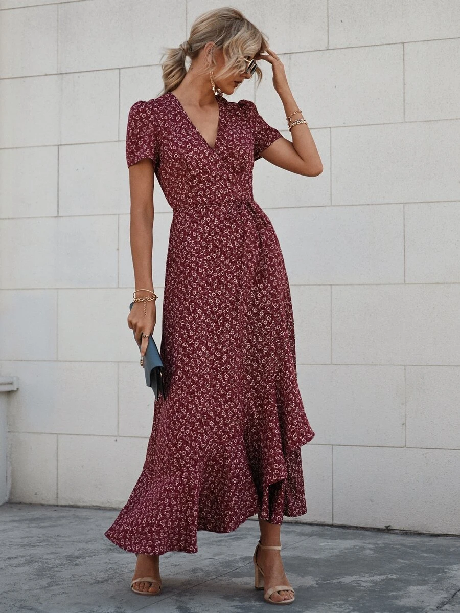 SHEIN VCAY Ditsy Floral Print Knot Wrap Dress - Burgundy - View 1