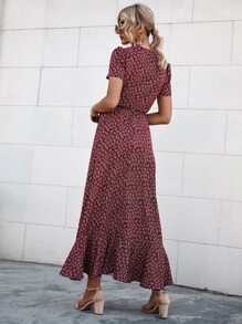 SHEIN VCAY Ditsy Floral Print Knot Wrap Dress - Burgundy - View 2