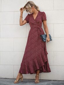 SHEIN VCAY Ditsy Floral Print Knot Wrap Dress - Burgundy - View 3