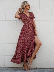SHEIN VCAY Ditsy Floral Print Knot Wrap Dress - Burgundy - View 7