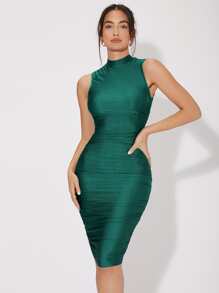 SHEIN Belle Mock Neck Ruched Side Bodycon Dress - Dark Green - View 1