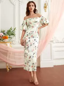 SHEIN 一字肩滿版花卉連衣裙 - 彩色 - 查看 1