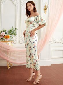 SHEIN 一字肩滿版花卉連衣裙 - 彩色 - 查看 3