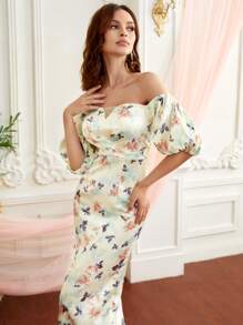 SHEIN 一字肩滿版花卉連衣裙 - 彩色 - 查看 4