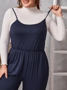 Jumpsuits Plus Size Túi màu trơn Giải trí - Màu xanh hải quân - Xem 4