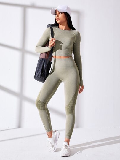 مجموعة ملابس رياضية بأكمام راغلان خالية من الوصلات وحزام خصر واسع