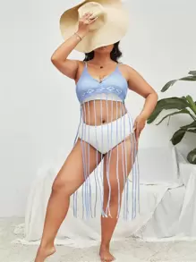 Plus Crochet Fringe Hem Cover Up Without Bikini - Dusty Blue - View 1