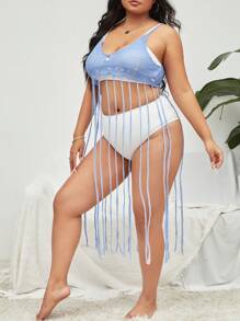 Plus Crochet Fringe Hem Cover Up Without Bikini - Dusty Blue - View 4