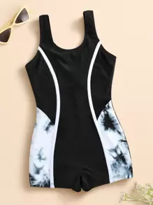 Tween Girl Tie Dye One Piece Swimsuit - Black - View 1