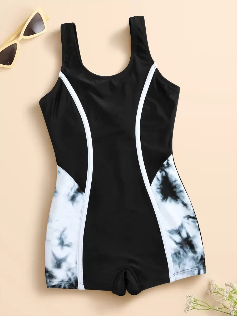 Tween Girl Tie Dye One Piece Swimsuit - Black - View 1