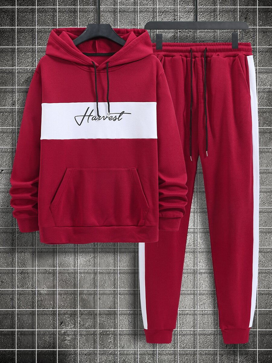 Manfinity Bộ hai mảnh Nam Dây kéo Túi Sọc bên Khối Màu Lá thư Thể thao - Đỏ và trắng - Xem 1