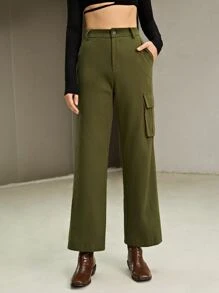 SHEIN Quần nữ Túi Dây kéo màu trơn Giải trí - xanh quân đội - Xem 1