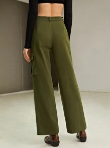 SHEIN Quần nữ Túi Dây kéo màu trơn Giải trí - xanh quân đội - Xem 2