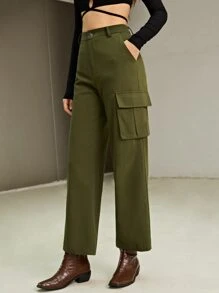 SHEIN Quần nữ Túi Dây kéo màu trơn Giải trí - xanh quân đội - Xem 3