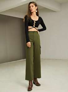 SHEIN Quần nữ Túi Dây kéo màu trơn Giải trí - xanh quân đội - Xem 4