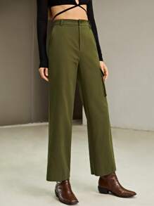 SHEIN Quần nữ Túi Dây kéo màu trơn Giải trí - xanh quân đội - Xem 5