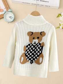 Toddler Girls Bear & Heart Pattern High Neck Jumper - White - View 1