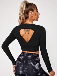 Easithlete Cut Out Back Crop Sports Tee - Black - View 2