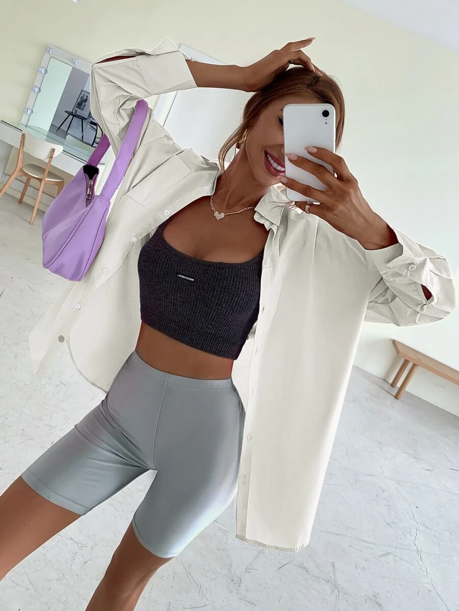 SHEIN EZwear Solid  Button Through Shirt - White - View 1