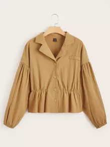 SHEIN Unity 素色燈籠袖西裝領夾克 - 卡其色 - 查看 1
