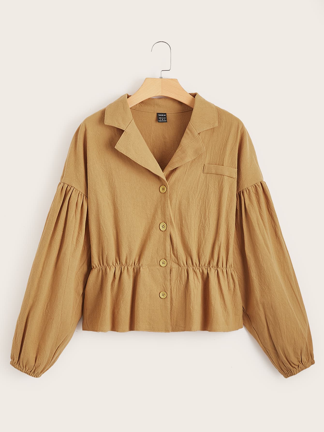 SHEIN Unity 素色燈籠袖西裝領夾克 - 卡其色 - 查看 1