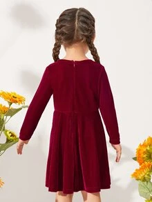 SHEIN Toddler Girls Zip Back Velvet Dress - Burgundy - View 2