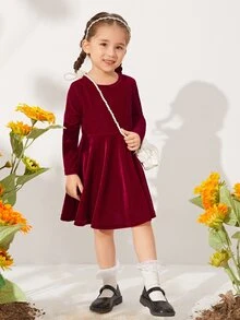 SHEIN Toddler Girls Zip Back Velvet Dress - Burgundy - View 3