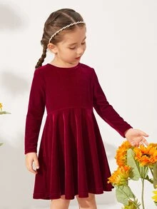 SHEIN Toddler Girls Zip Back Velvet Dress - Burgundy - View 4