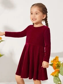 SHEIN Toddler Girls Zip Back Velvet Dress - Burgundy - View 5