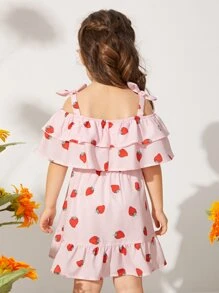 SHEIN 小女童草莓圖案挖肩荷葉邊洋裝 - 淺粉色 - 查看 2