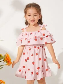 SHEIN 小女童草莓圖案挖肩荷葉邊洋裝 - 淺粉色 - 查看 3