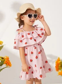 SHEIN 小女童草莓圖案挖肩荷葉邊洋裝 - 淺粉色 - 查看 4