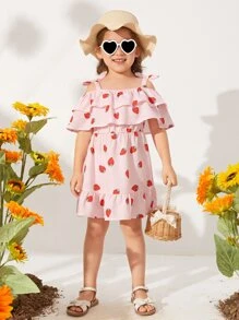 SHEIN 小女童草莓圖案挖肩荷葉邊洋裝 - 淺粉色 - 查看 5