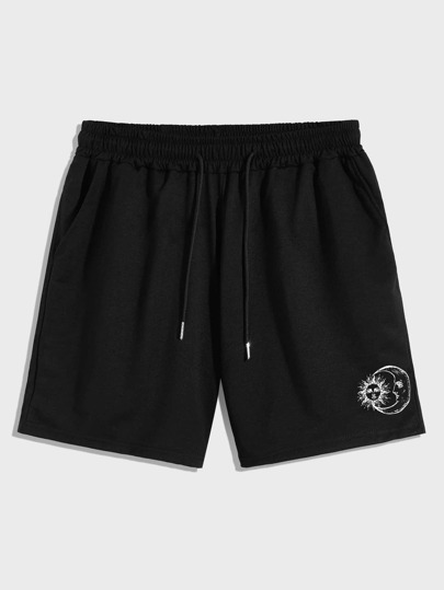 ROMWE MEN Guys Sun & Moon Graphic Drawstring Shorts