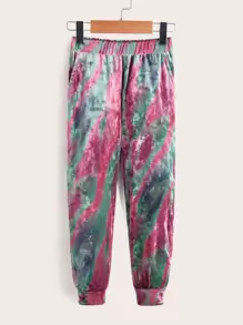 SHEIN 小女童圖案印花絲絨長褲 - 彩色 - 查看 1