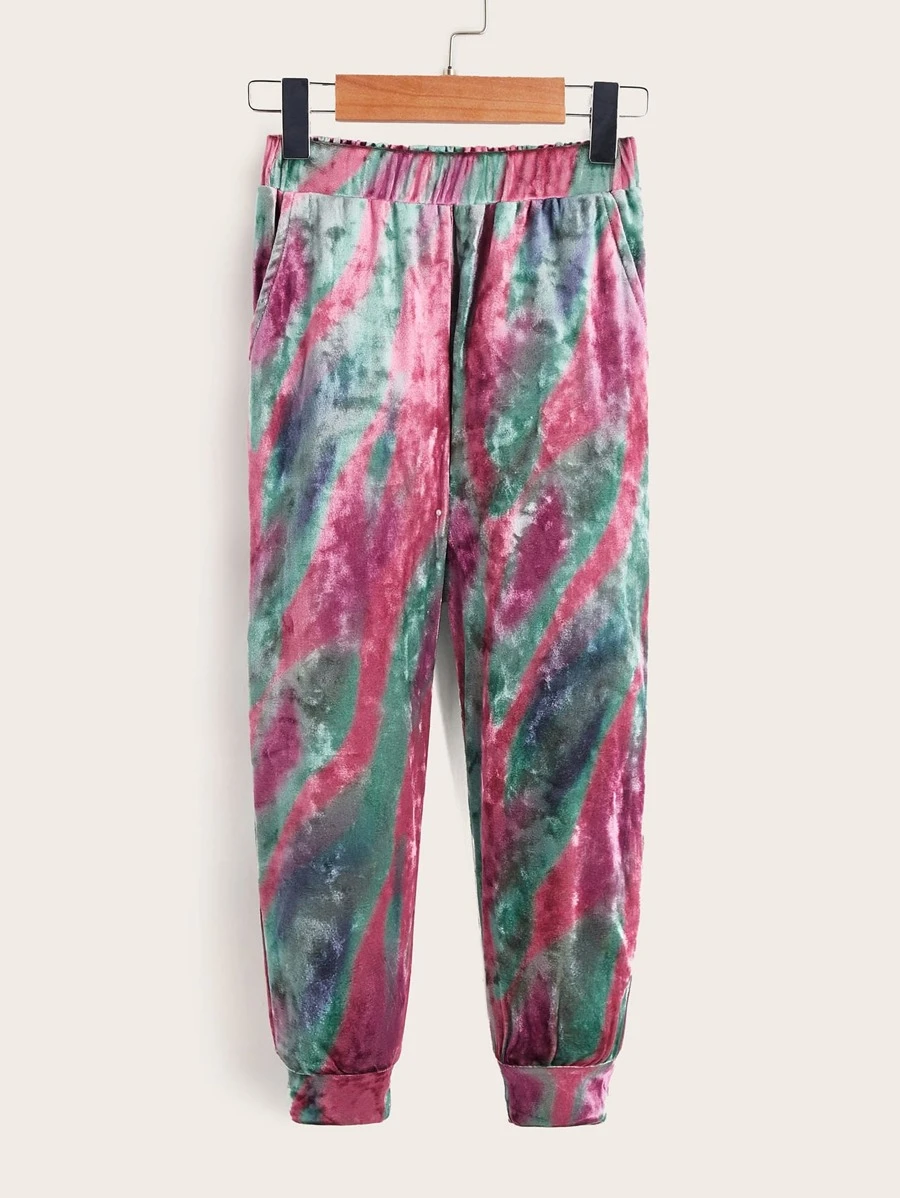 SHEIN 小女童圖案印花絲絨長褲 - 彩色 - 查看 1