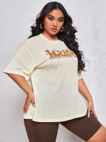 Flirla プラス グラフィックプリント ドロップショルダーTシャツ