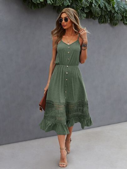 Contrast Lace Fake Buttons Ruffle Hem Cami Dress