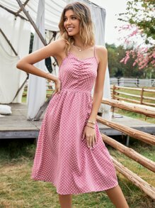 波點圖案褶邊吊帶連衣裙 - 粉色 - 查看 1