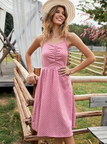 波點圖案褶邊吊帶連衣裙 - 粉色 - 查看 6