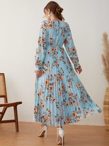 Mulvari 印花燈籠袖荷葉邊百褶下擺洋裝 - 彩色 - 查看 2