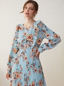 Mulvari 印花燈籠袖荷葉邊百褶下擺洋裝 - 彩色 - 查看 3