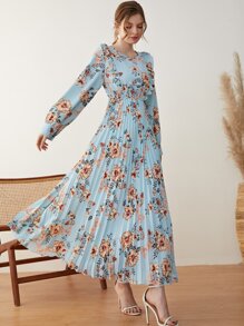 Mulvari 印花燈籠袖荷葉邊百褶下擺洋裝 - 彩色 - 查看 4