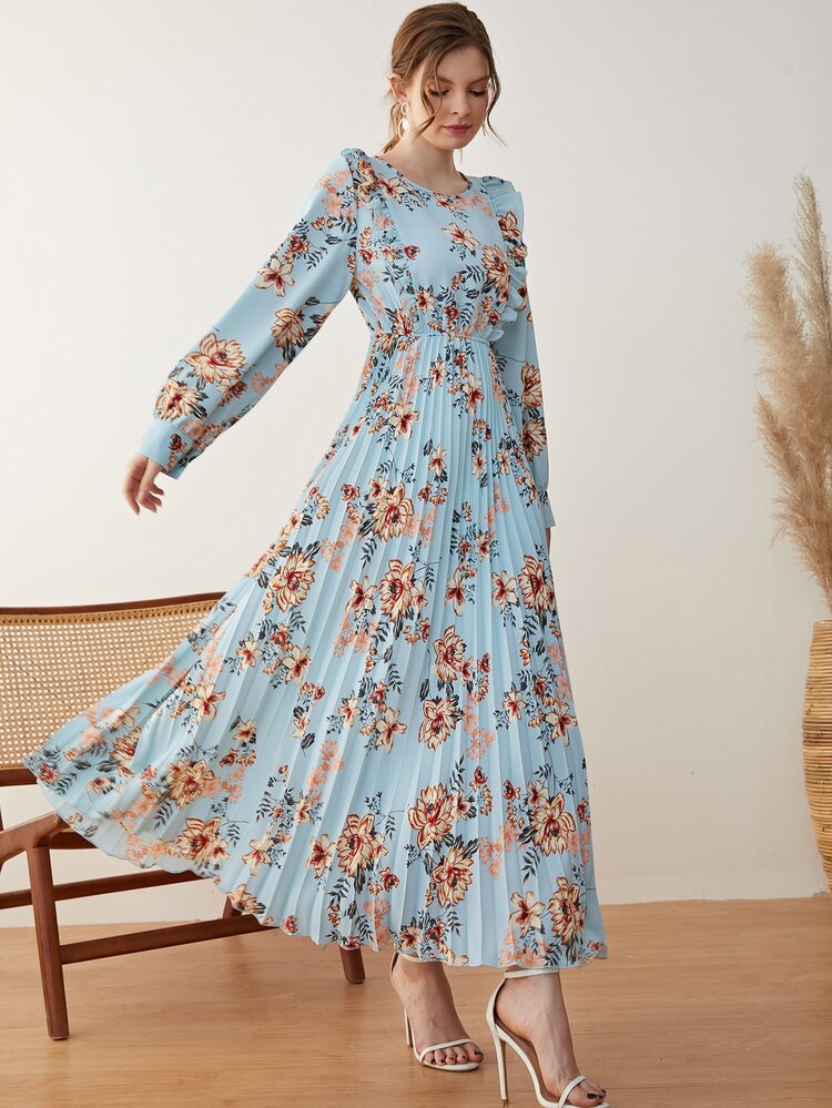 Mulvari 印花燈籠袖荷葉邊百褶下擺洋裝 - 彩色 - 查看 4