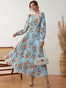 Mulvari 印花燈籠袖荷葉邊百褶下擺洋裝 - 彩色 - 查看 5